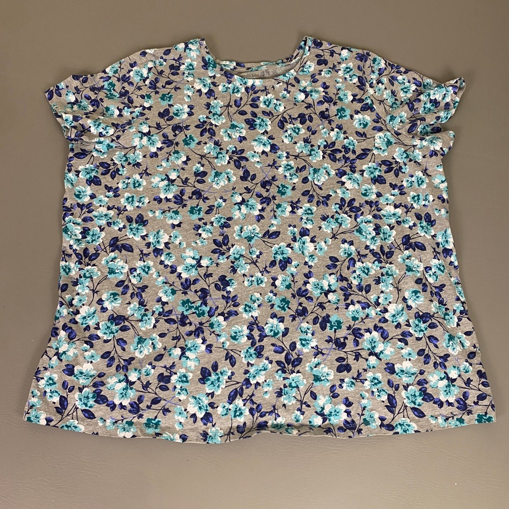 Woman Within Floral T-Shirt Plus Size 2X 26/28 Gray Blue White Short‎ Sleeve